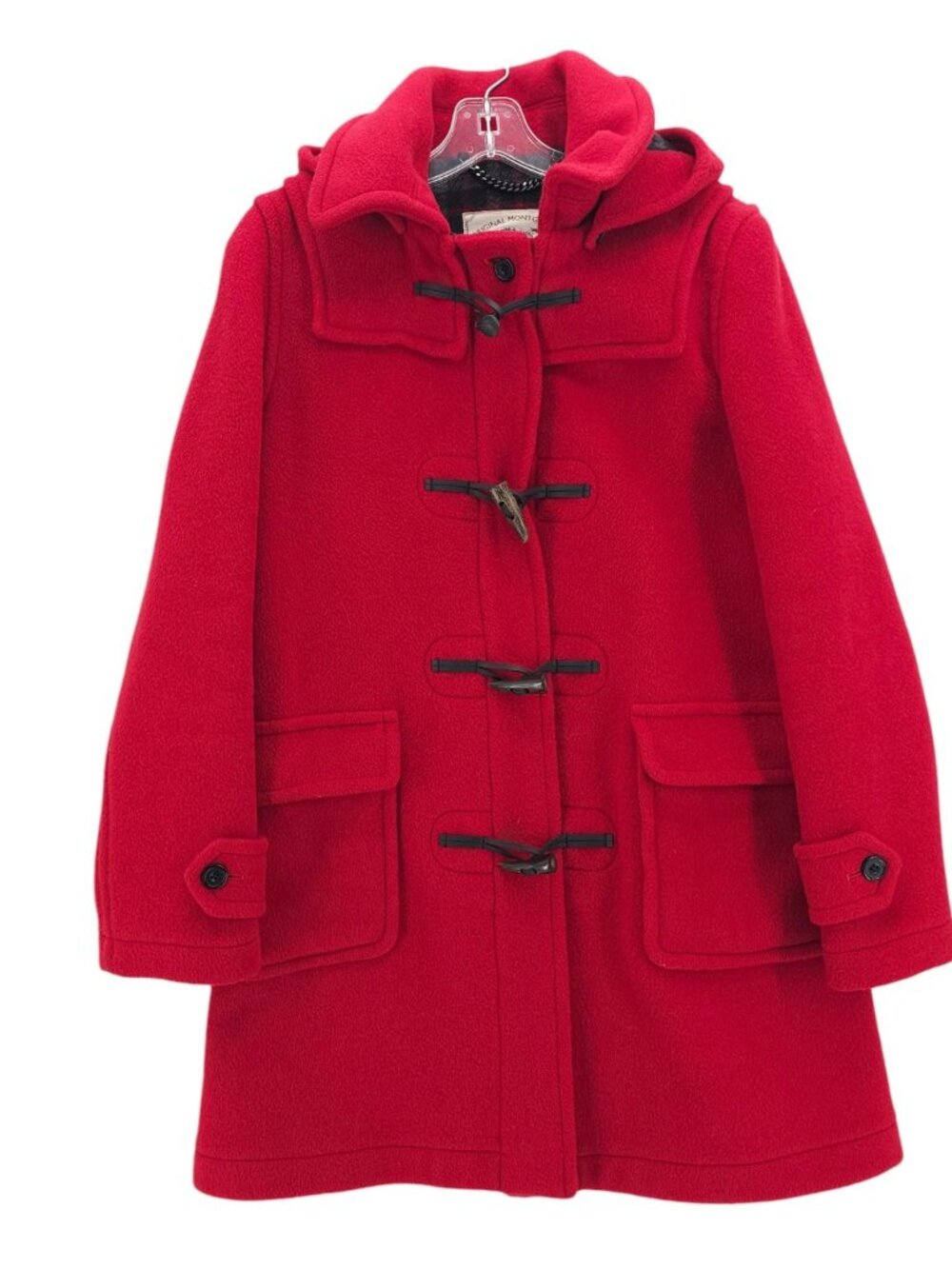 Original Montgomery Red Duffle Coat Wool Blend Hooded Plaid Lining Size 32
